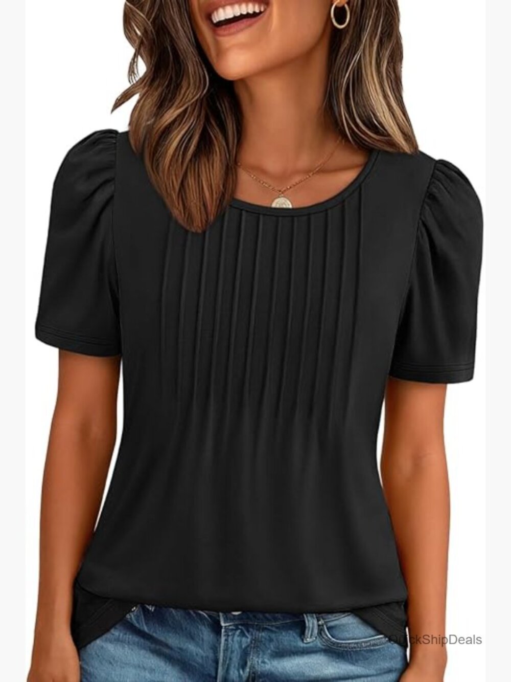 Pleated Puff Sleeve T-Shirt, Polyester Blend, Dressy Casual Top